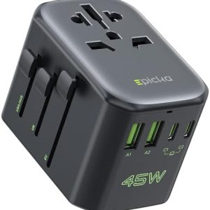 EPICKA Pulse 45W European Travel Plug Adapter, Universal Power Adapter with PD Fast Charging, 5-Port (1 AC/2 USB-A/2 USB-C) International Charger Adapter for Europe, Japan - Travel Essentials (Black)